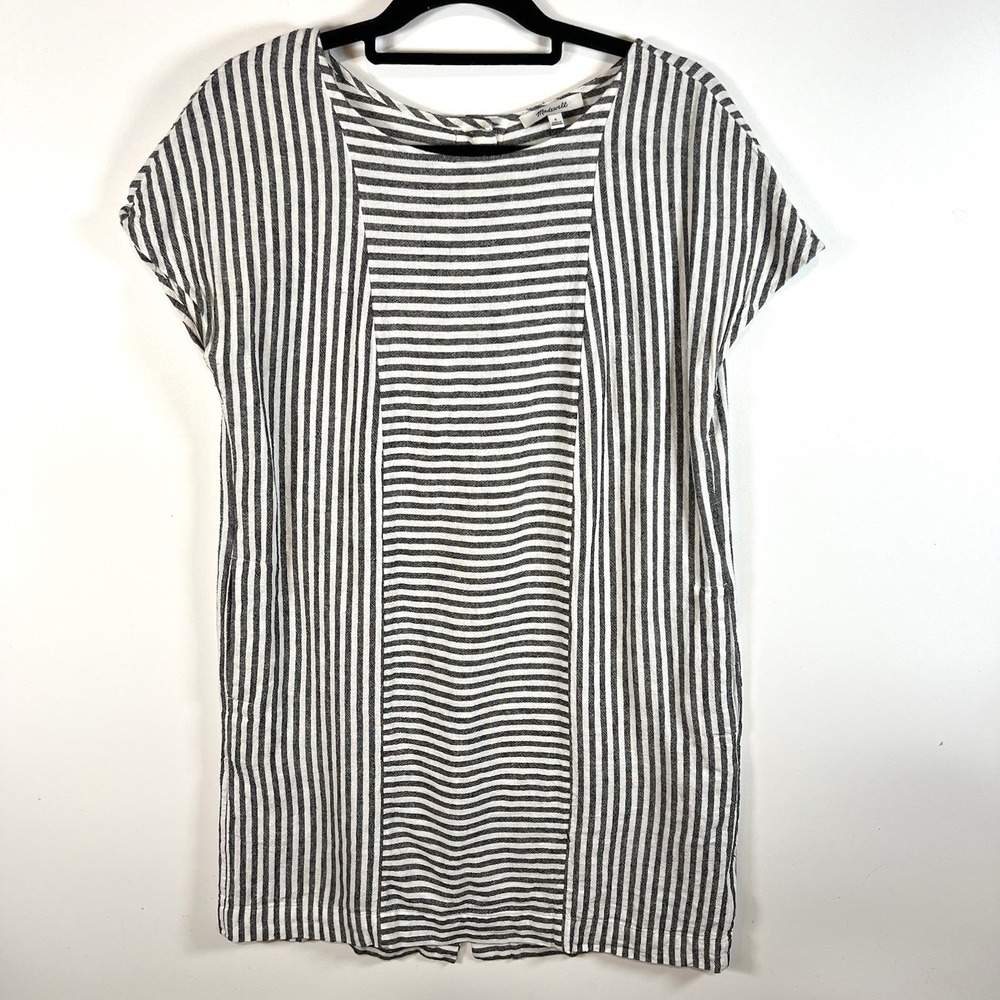 Madewell Dress Small Stripe Play Button Back Tee Linen Blend Coastal Beach‎